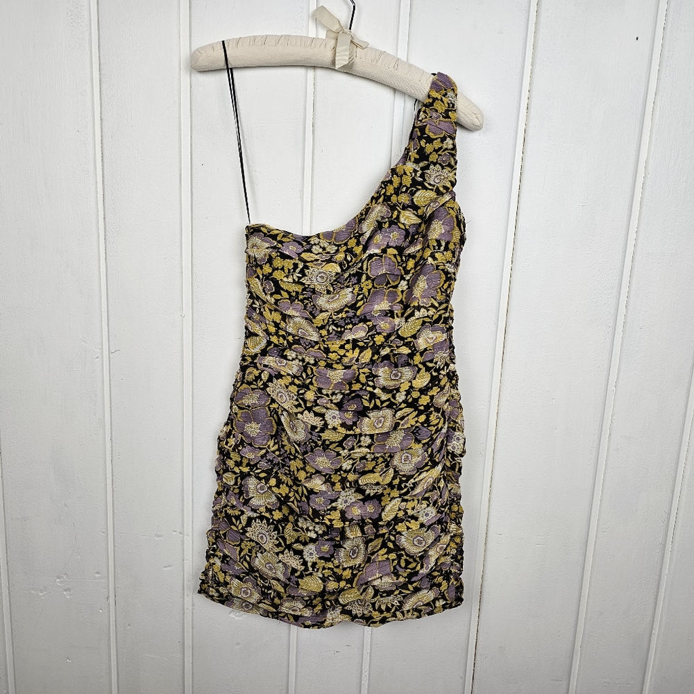 Zara Small Metallic Gold Purple Floral Chiffon One Shoulder Ruched Mini Dress - Picture 10 of 10